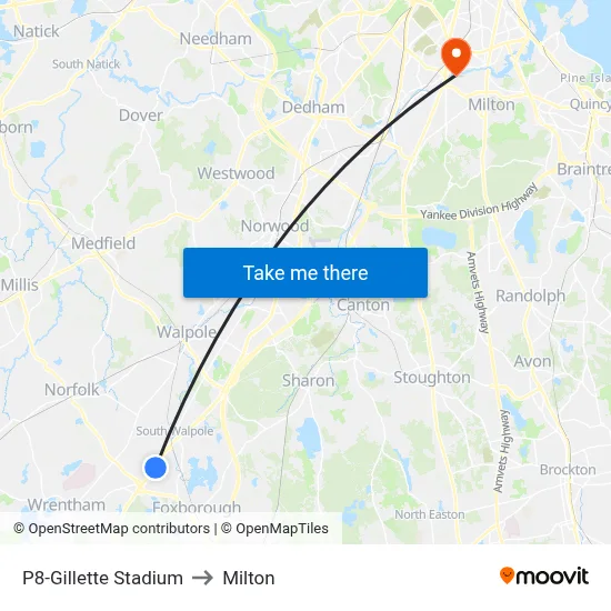 P8-Gillette Stadium to Milton map