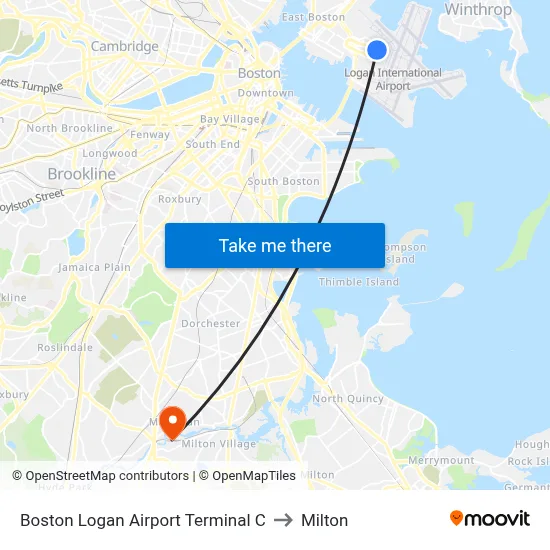 Boston Logan Airport Terminal C to Milton map