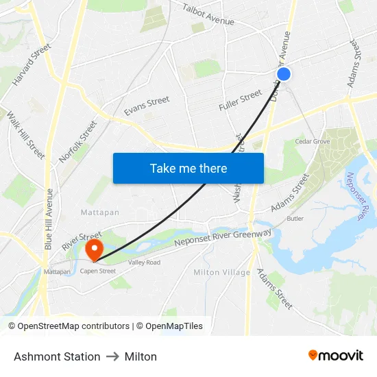 Ashmont Station to Milton map