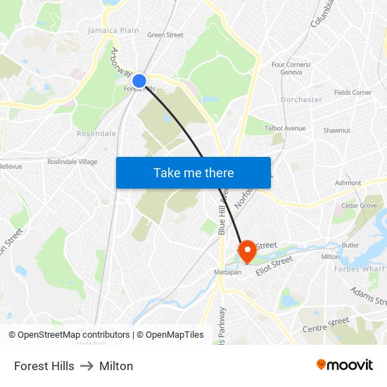 Forest Hills to Milton map