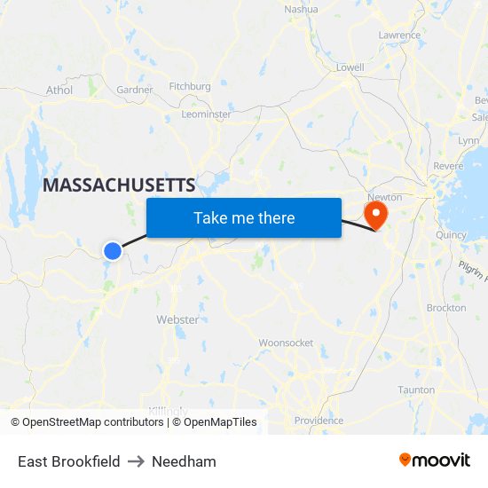 East Brookfield to Needham map