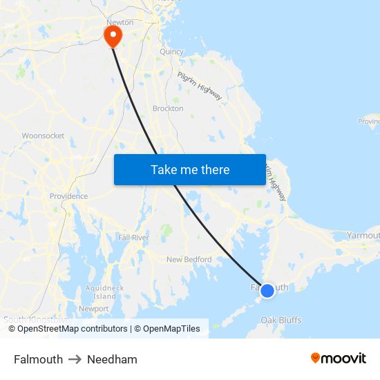 Falmouth to Needham map