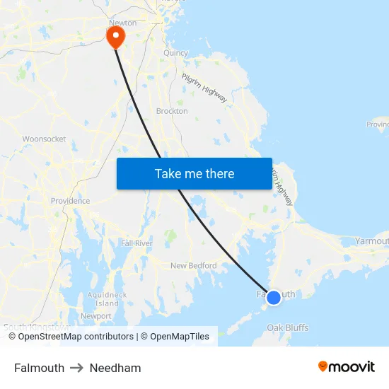 Falmouth to Needham map