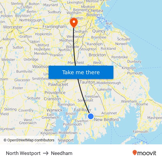 North Westport to Needham map