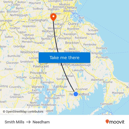 Smith Mills to Needham map