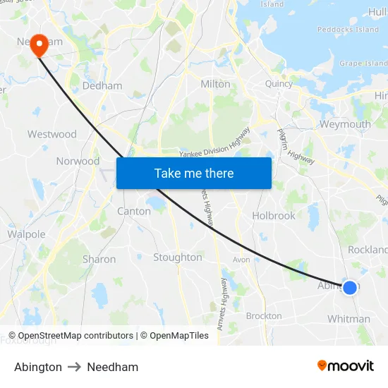 Abington to Needham map
