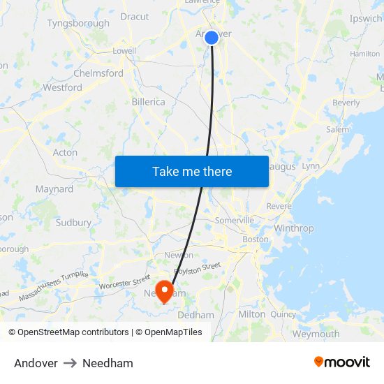 Andover to Needham map