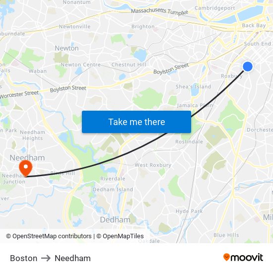 Boston to Needham map