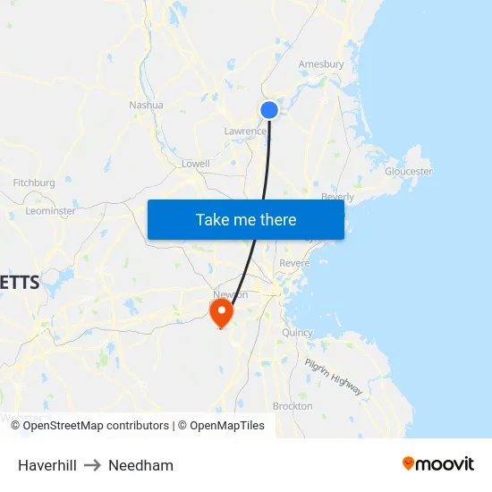 Haverhill to Needham map