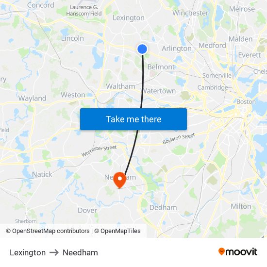 Lexington to Needham map