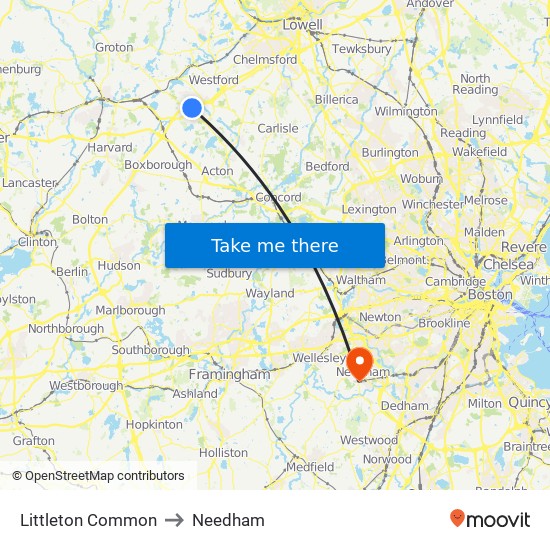 Littleton Common to Needham map