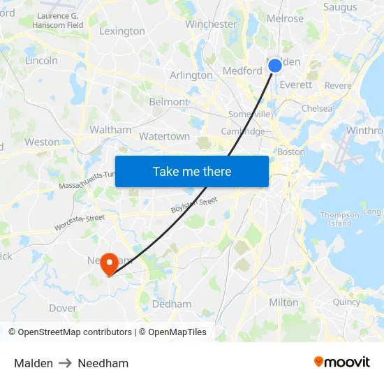 Malden to Needham map