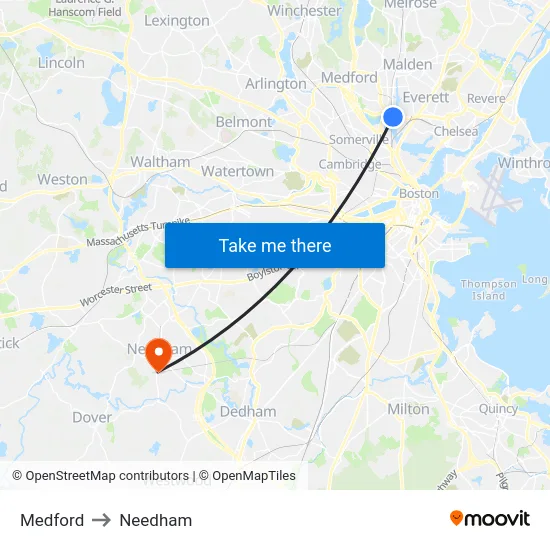 Medford to Needham map