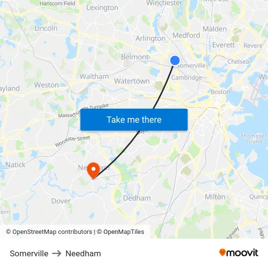 Somerville to Needham map