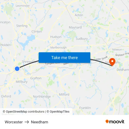 Worcester to Needham map