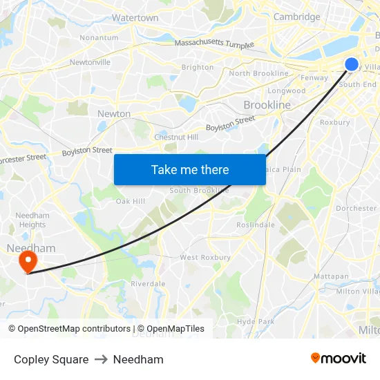 Copley Square to Needham map