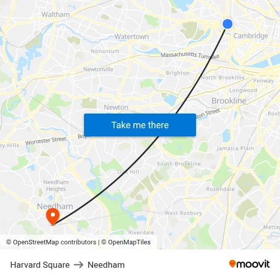 Harvard Square to Needham map