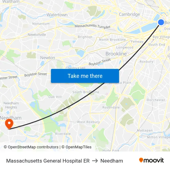 Massachusetts General Hospital ER to Needham map