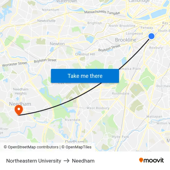 Northeastern University to Needham map