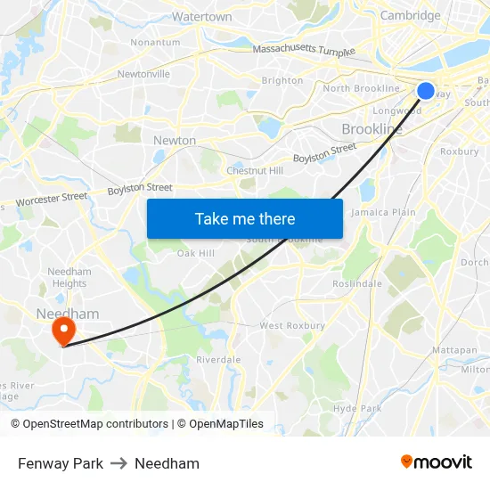 Fenway Park to Needham map