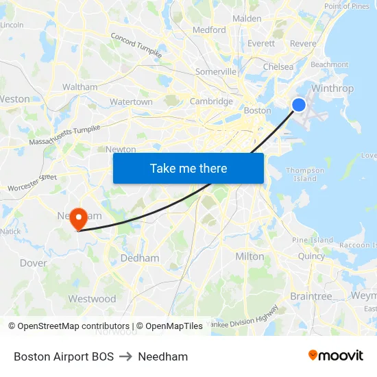 Boston Airport BOS to Needham map