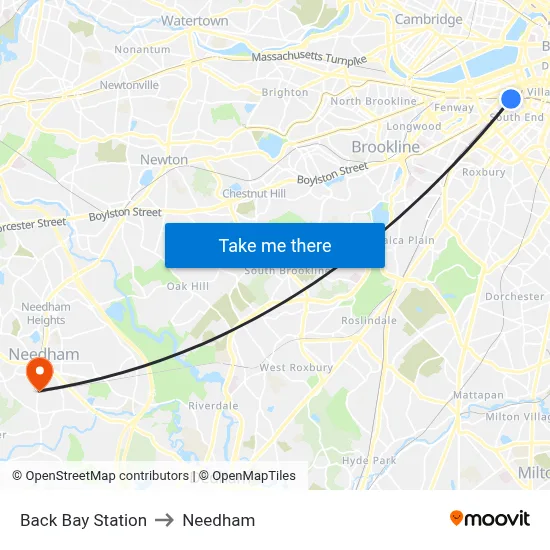 Back Bay Station to Needham map