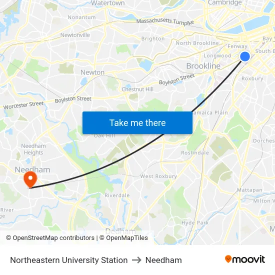 Northeastern University Station to Needham map