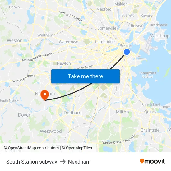 South Station subway to Needham map