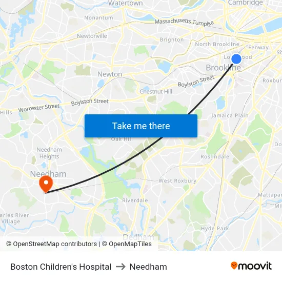 Boston Children's Hospital to Needham map