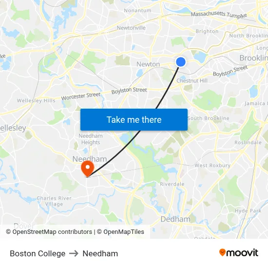 Boston College to Needham map