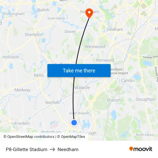 P8-Gillette Stadium to Needham map