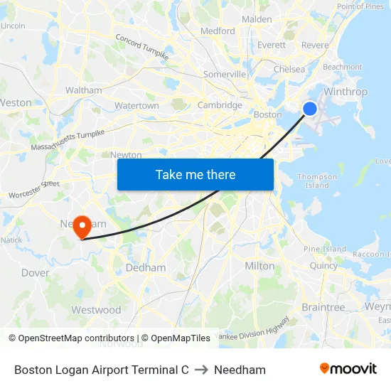 Boston Logan Airport Terminal C to Needham map