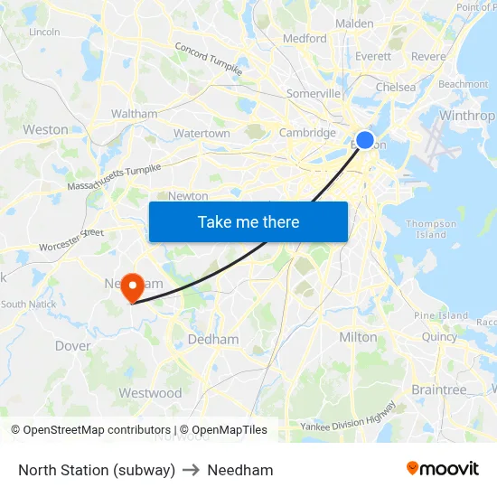 North Station (subway) to Needham map