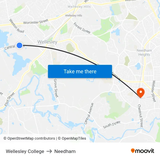 Wellesley College to Needham map