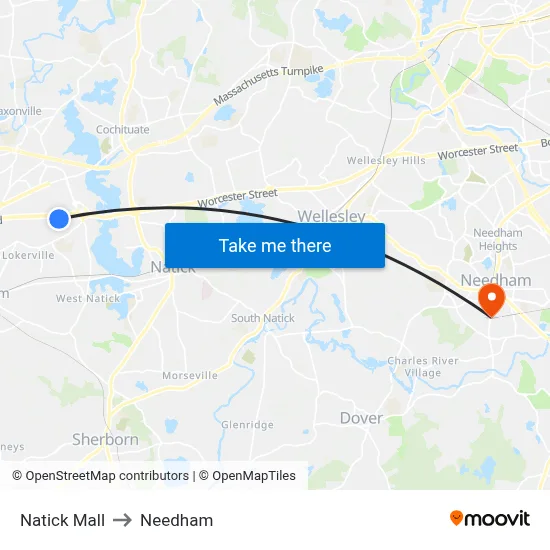 Natick Mall to Needham map