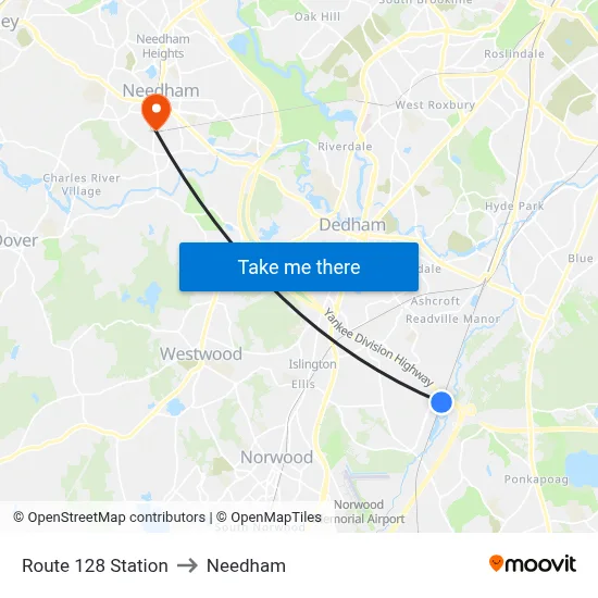 Route 128 Station to Needham map
