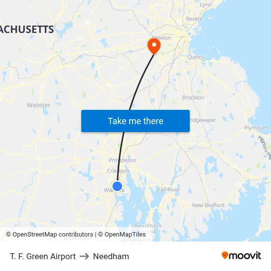 T. F. Green Airport to Needham map