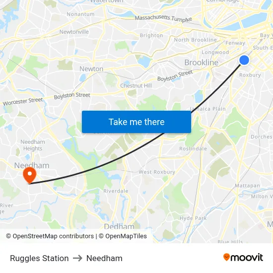 Ruggles Station to Needham map