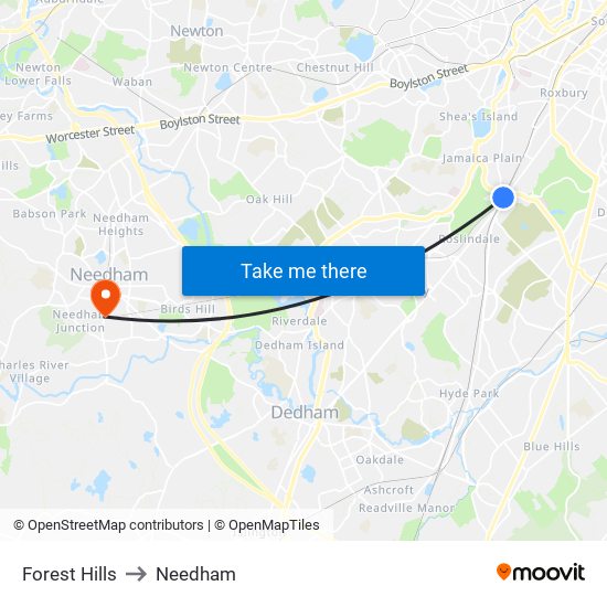 Forest Hills to Needham map