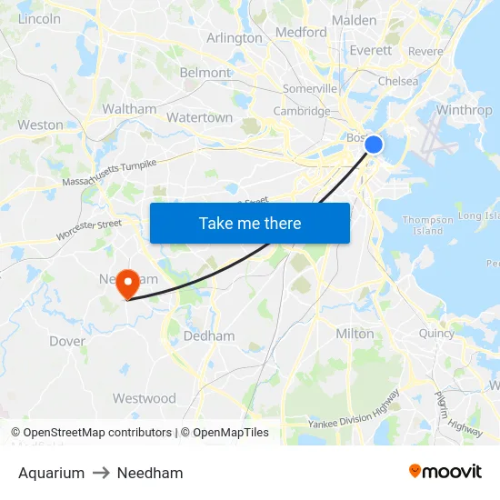Aquarium to Needham map