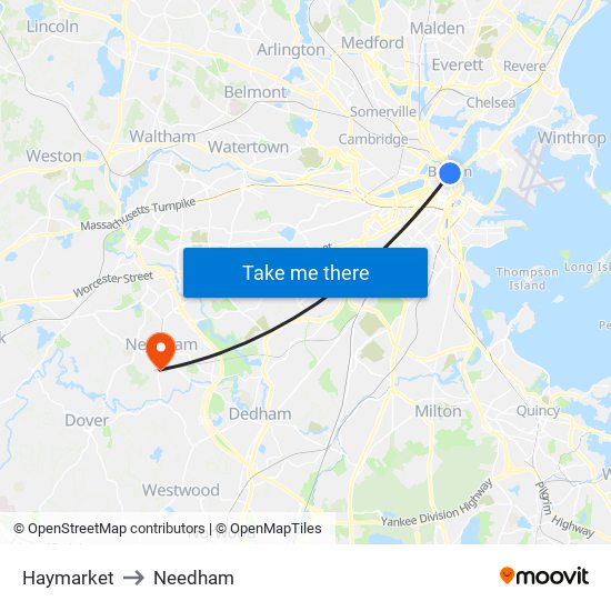 Haymarket to Needham map