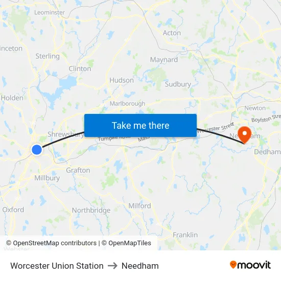 Worcester Union Station to Needham map