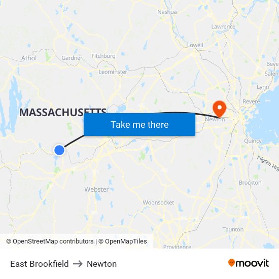 East Brookfield to Newton map