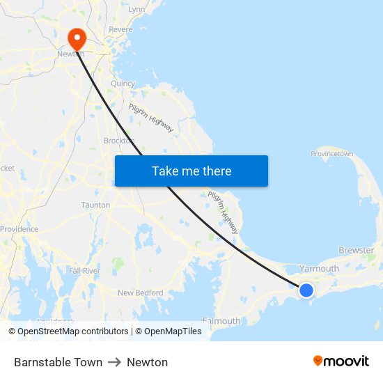 Barnstable Town to Newton map