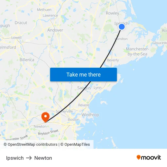Ipswich to Newton map
