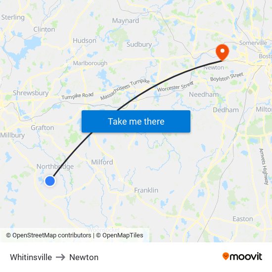 Whitinsville to Newton map