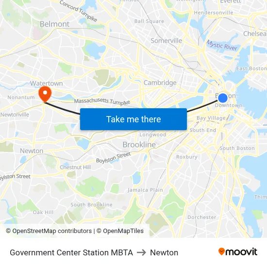 Government Center Station MBTA to Newton map