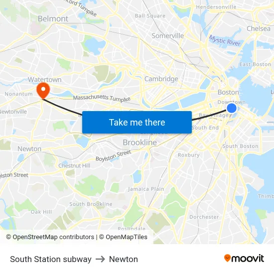 South Station subway to Newton map