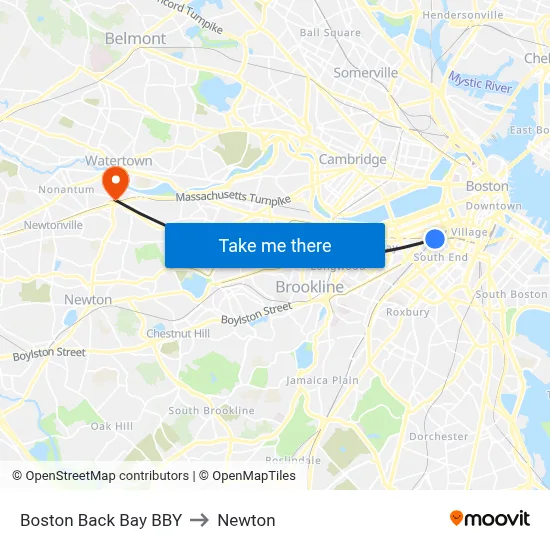 Boston Back Bay BBY to Newton map