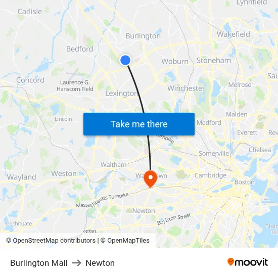 Burlington Mall to Newton map